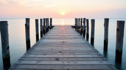 Obraz premium Serene Sunset Vista Wooden Dock Extending to a Calm Ocean Horizon at Eventide