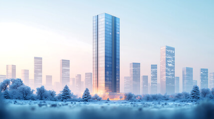 Naklejka premium Modern Skyscraper Winter Cityscape SnowCovered Trees, Glass Tower