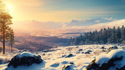 Snowy Mountain Landscape at Sunset