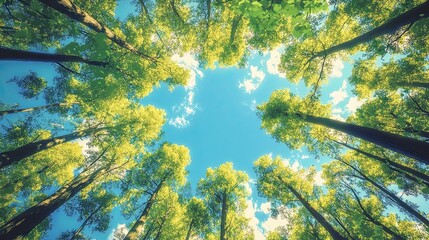 Bottom-up view green forest canopy. Climate change. Natural green biodiversity ecosystem background