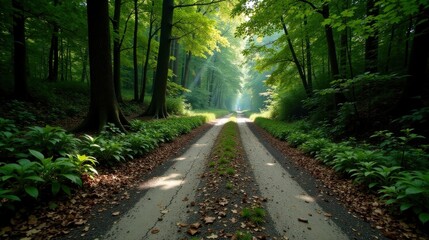 Fototapeta premium Sunlit Path Through Verdant Forest Canopy, Leading to a Serene and Tranquil Destination