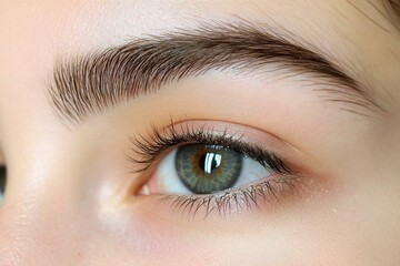Obraz premium Close-up of a woman's eye with perfectly shaped eyebrows and long lashes. Ideal for beauty, cosmetics, and eye care advertising, showcasing eyebrow and lash enhancements.