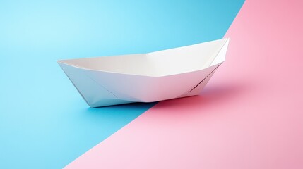 White paper boat on pink and blue background. Illustrates concepts of childhood, dreams, and journeys.