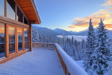 Fototapeta premium Mountain chalet with a wooden deck and large windows overlooking a snow-covered landscape, surrounded by tall pines and the soft light of a winter morning.