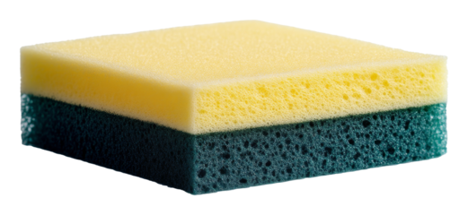 Yellow and blue cleaning sponge on transparent background, household cleaning and hygiene concept