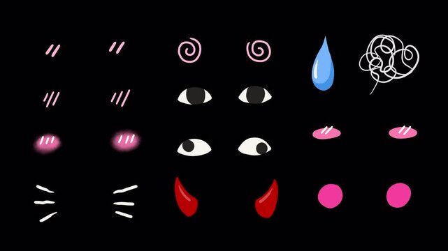 Set of anime cute shy pink cheek effect symbols, wiggle, animation stickers, funny weird eyes, sweat, confused mess up symbol, evil horns, on a transparent background 