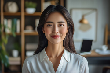 Naklejka premium Portrait of young asian woman smiling standing in office.