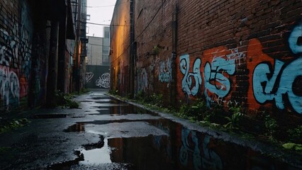 Dark and Narrow City Alley with Graffiti