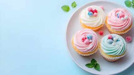 Pastel cupcakes, mint, blue background, dessert plate, food blog