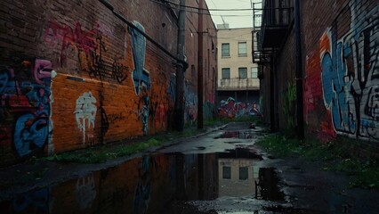 Fototapeta premium Graffiti-covered alleyway reflecting in a puddle