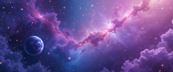 Purple Nebula Space Art with Moon and Stars