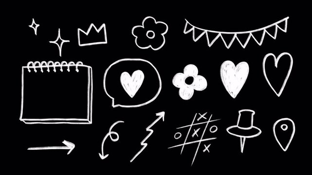 Set of cute cartoon doodle icons, wiggle animation stickers, white pencil chalk: sparkle, crown, flowers, note, Tic-tac-toe, arrows, hearts, location pin on a transparent background