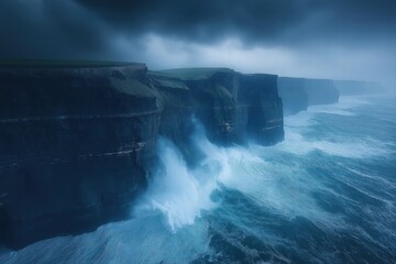 Dramatic cliffs face stormy sea with crashing waves and dark sky in coastal landscape