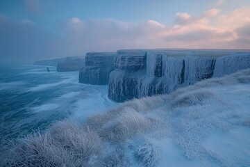 Icy cliffs and misty sea at dawn reveal the beauty of a winter landscape