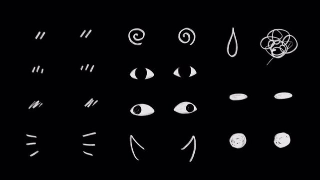 Set of chalk doodle anime cute shy cheek effect symbols, blush wiggle, kawaii animation stickers, funny weird eyes, sweat, confused mess up symbol, evil horns, on a transparent background 