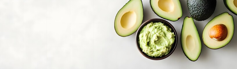 A collection of avocados and guacamole in a bowl on a light background.