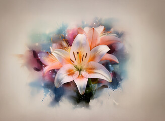 Fototapeta premium Soft, peach and white lilies blossom against a dreamy watercolor background. Subtle sparkle adds to the ethereal beauty of the floral artwork.