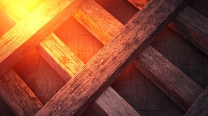 A close-up of wooden planks arranged in a crisscross pattern, illuminated by warm light, showcasing textures and colors of aged wood.