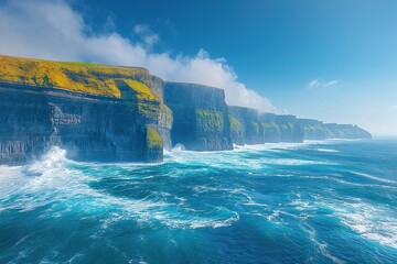 Cliffs rise dramatically above the turbulent ocean under a clear sky near the coast of Ireland