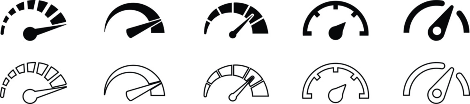 Speedometer icon. Speed indicator icon flat line set. Feedback Rating meter performance concept Dashboard level scale vector for apps Fast speed sign low and high barometers, gauge, score progress