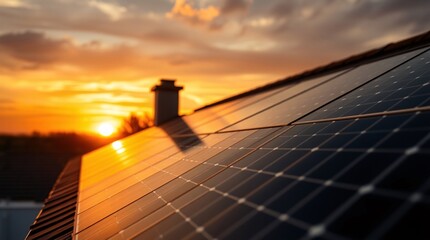 Solar panel installation on a rooftop with a dramatic sunset background