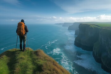 Hiker enjoys breathtaking coastal view overlooking cliffs and ocean during clear day