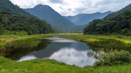 Fototapeta premium Tranquil Lake nestled in lush mountains
