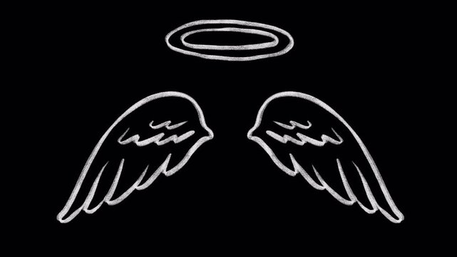 Doodle pencil chalk of angel wings from heaven and crown ring on top separated seamless loop each part, animation sticker on a transparent background, alpha  