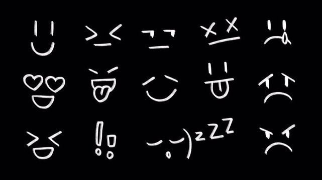 Set of cute cartoon doodle emoji icons, wiggle emotion animation stickers, white pencil chalk: smile, cute kawaii, meh, love, angry, sad, happy face, on a transparent background, no round face