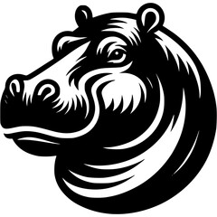 Obraz premium Tattoo of hippopotamus side view head in monochrome. Wild hippo portrait. Engraving minimalistic vector in black ink drawing on transparent background