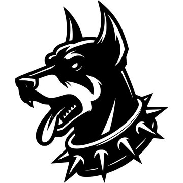 Tattoo of angry roaring Doberman dog head in monochrome. Doberman dog in spiked collar. Engraving minimalistic vector in black ink drawing on transparent background