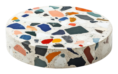 Round terrazzo slab with colorful stone pieces, modern decor concept