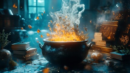 Alchemist's potion explodes in fiery cauldron, mystical workshop