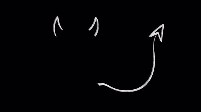 Doodle pencil chalk of devil horns and tail symbol from hell separated seamless loop each part, sticker animation on a transparent background, alpha  
