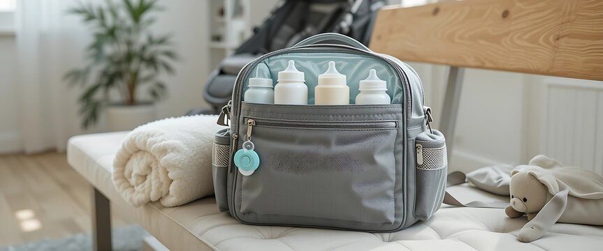 Grey Diaper Bag with Baby Bottles for Travel