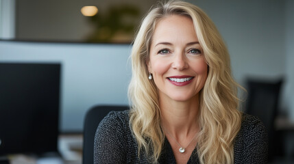 blonde woman wearing gray top smiles at camera with happy expression portrait of woman in office environment