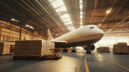 Naklejka premium Airplane cargo loading hangar sunrise logistics