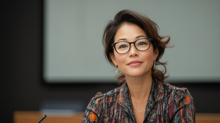 woman with glasses wearing patterned shirt looking content in an office setting and smiling lightly