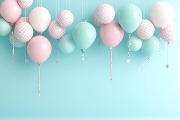 Soft pastel balloons in pink, white, and mint green create a charming decoration against a sky blue wall, perfect for parties or special occasions
