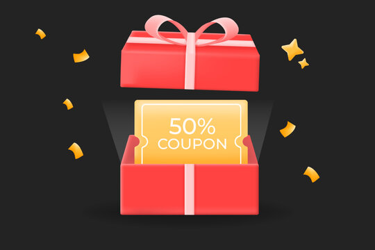 3d vector illustration , red Gift box revealing a 50% coupon with festive confetti and stars. promotions, discounts, and special offers to attract customers