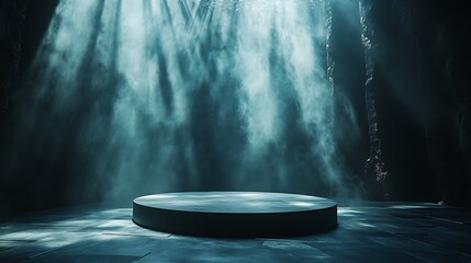 A dark podium surrounded by misty light rays, set against an underwater background. 