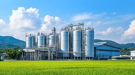 Modern industrial plant processing amidst rural landscape