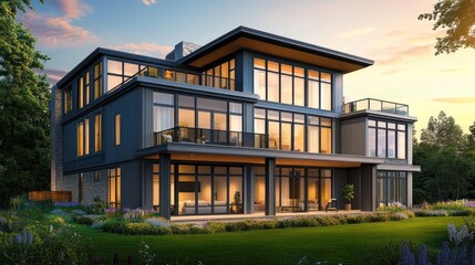 Fototapeta premium Modern Home with Large Windows