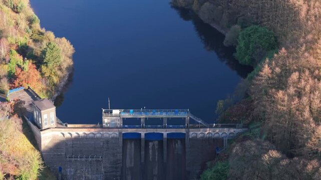 Poulaphouca hydro dam, blessington lake, lush autumn scenery, ireland, aerial view