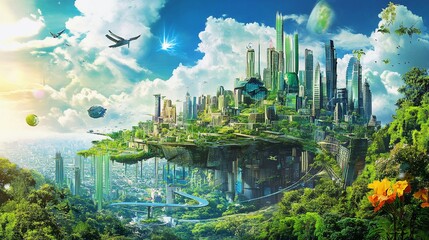 Naklejka premium Futuristic Cityscape with Greenery and Flying Vehicles, a harmonious blend of urban life and nature