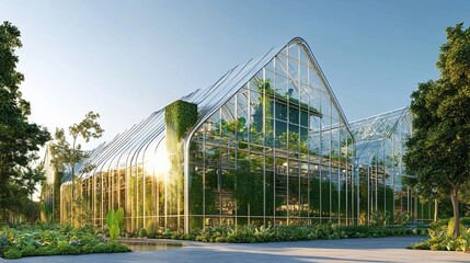 Fototapeta premium Modern glass greenhouse, urban farming, sunlight, plants, sustainable architecture
