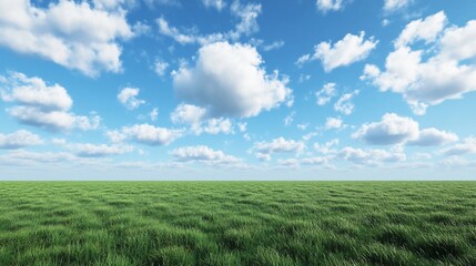 Naklejka premium Sunny day, green field, fluffy clouds, blue sky, landscape, nature, idyllic, background, pastoral, website