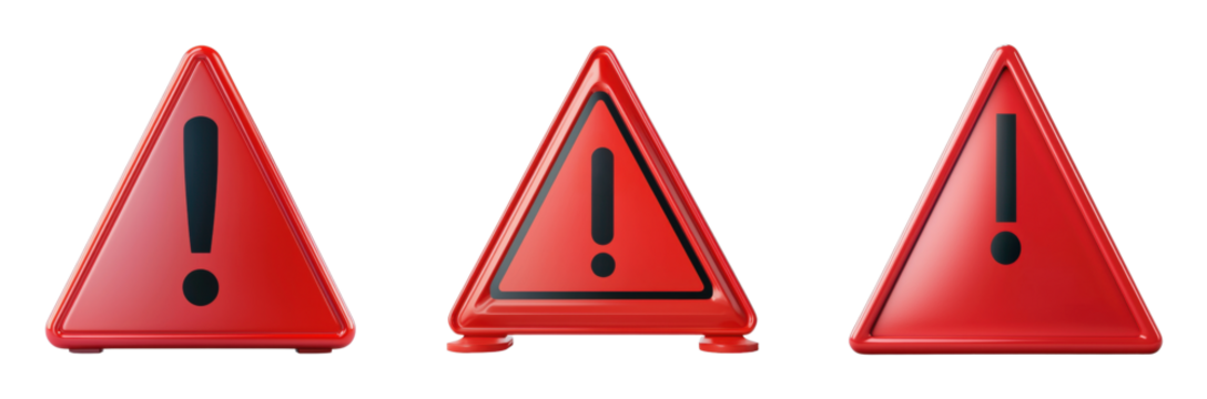 Set of three red warning signs with exclamation marks