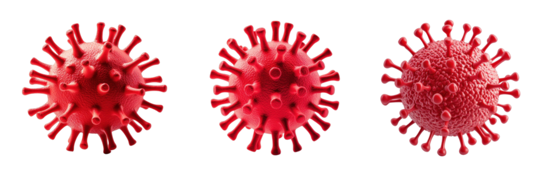 Close-up view of different virus structures in red