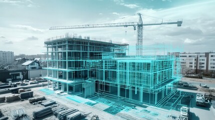 City construction site; building blueprint overlay; crane; urban background; architectural visualization